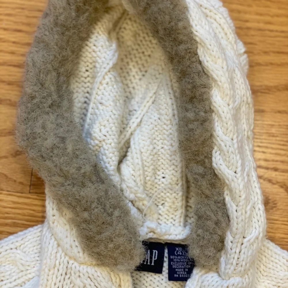 Gap White Cable Knit Zip Cardigan Sweater XS 4 Girls Faux Fur Hood